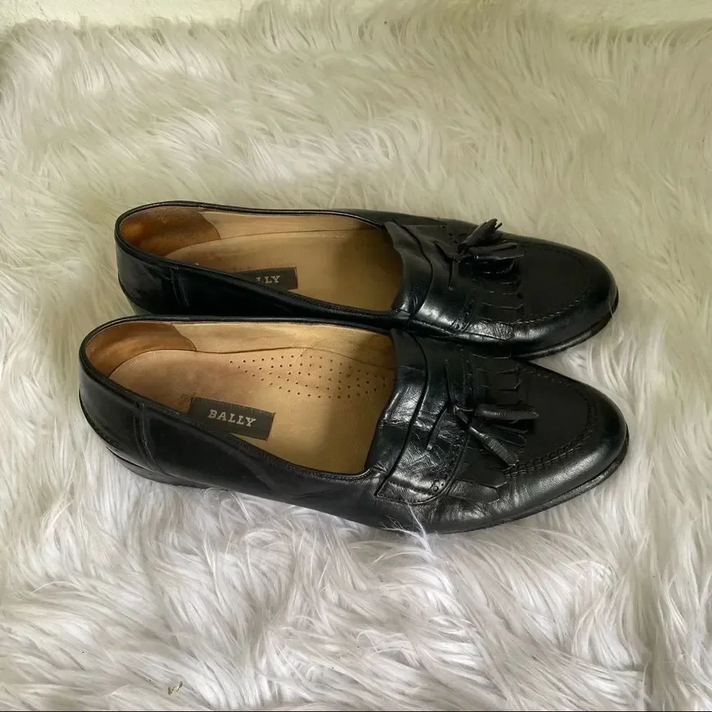 Bally Black Leather Slip On Kiltie Loafers Dress Shoes 10